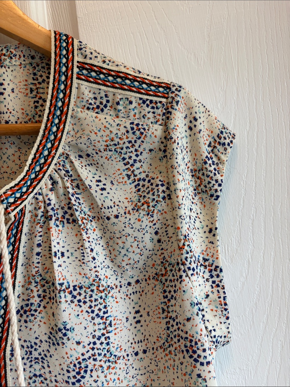 Daniel Rainn Cream Dot-Print Tassel V-Neck Tunic with Navy & Rust Trim - Picture 6 of 13